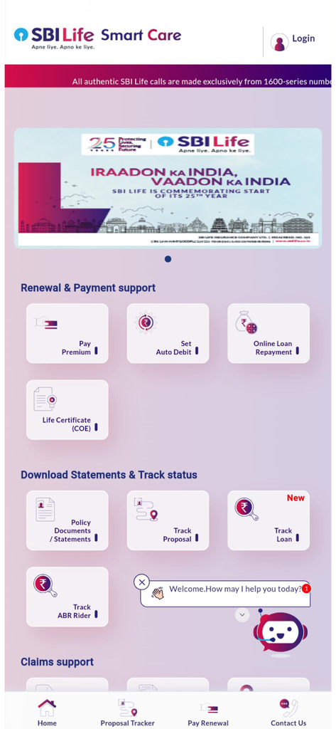 SBI Life Smart Care - Dashboard of the SBI Life Smart Care mobile app displaying options for insurance renewal, payments, and policy tracking.