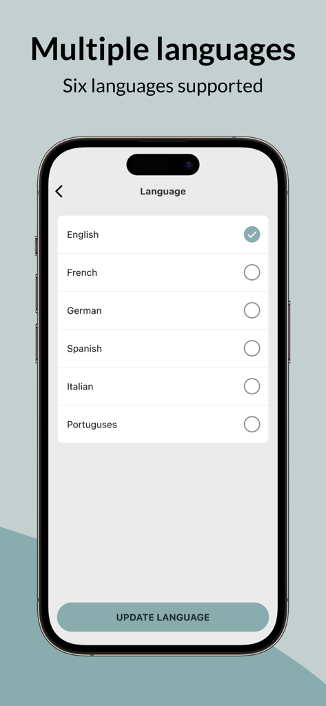 Gluten Free Scanner - Language selection screen in the Gluten Free Scanner app showing support for six different languages
