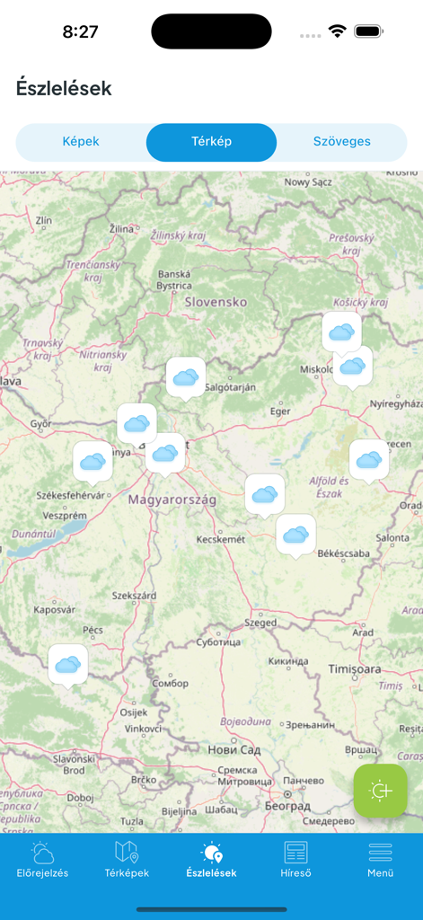 Köpönyeg - A map of Hungary showing cloud icons for weather observations in the Koponyeg app