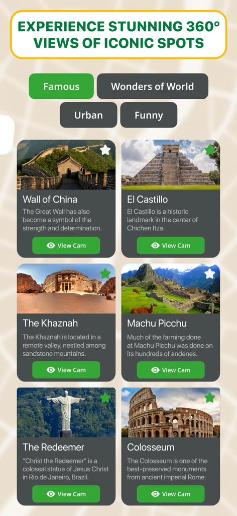Interface do aplicativo mostrando vistas de 360 graus de maravilhas do mundo como a Grande Muralha da China e o Coliseu