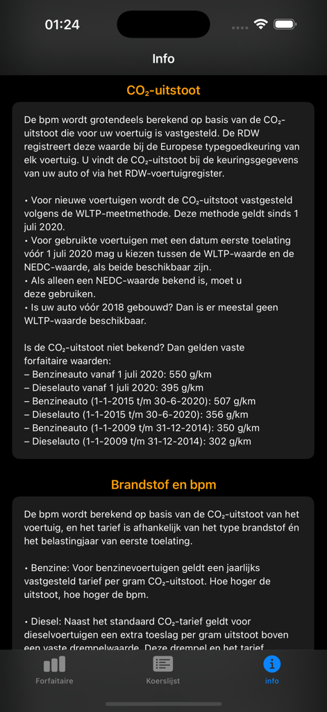 Pantalla de información sobre emisiones de CO2 y tipos de combustible para el cálculo de impuestos de vehículos holandeses
