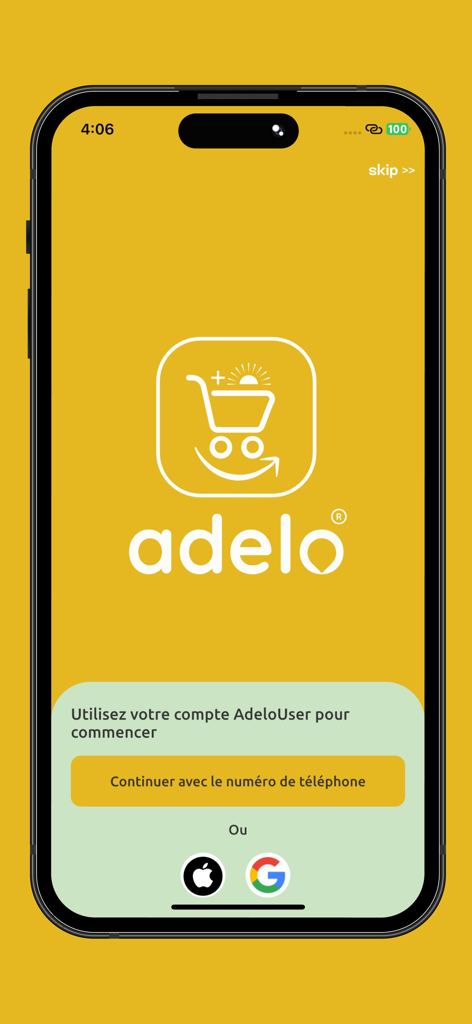 Welcome screen of the Adelo User marketplace app with login options.