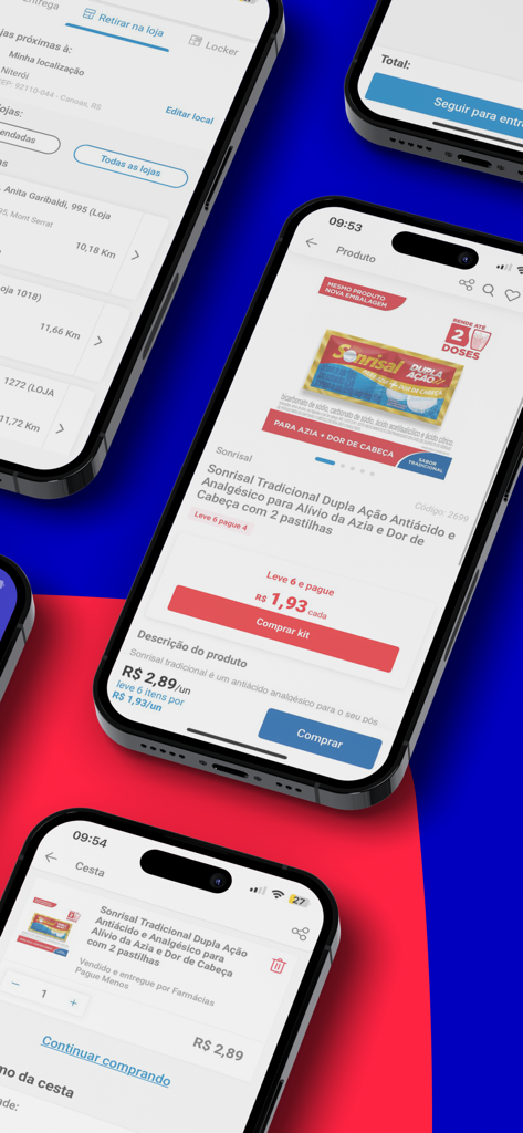 Schermate dell'app mobile di Farmacias Pague Menos che mostrano i dettagli del prodotto per i medicinali e l'interfaccia del carrello