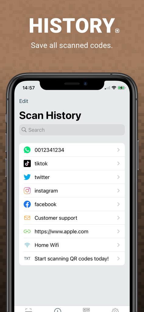 Pantalla de historial de escaneos que muestra una lista de escaneos de códigos QR guardados, incluyendo perfiles de redes sociales y enlaces a sitios web.