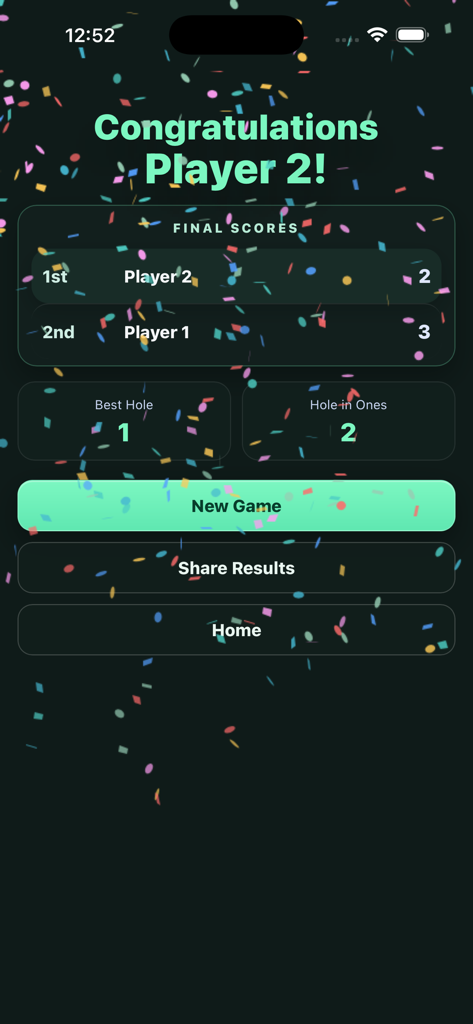 Mini Golf Score Tracker - Bildschirm des Gewinners der Mini Golf Score Tracker App mit Konfetti und Endergebnissen des Spiels