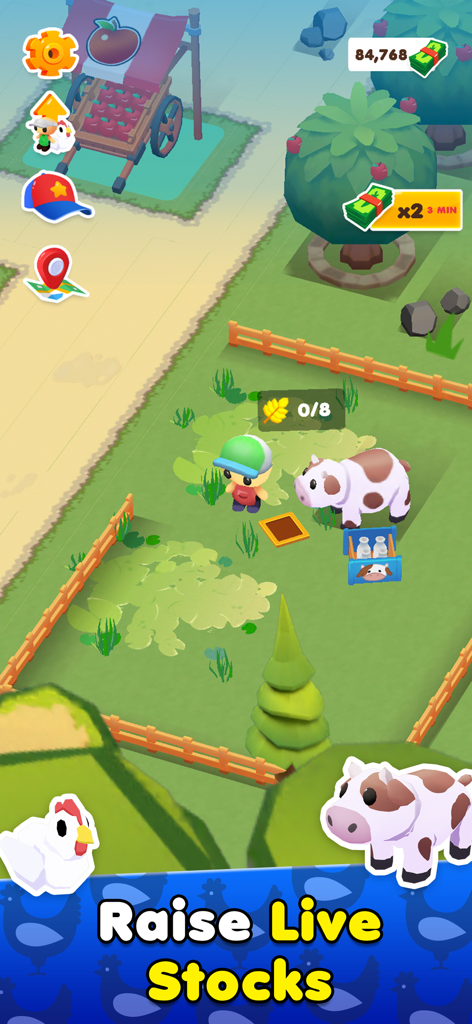 Gameplay de MicroTown.io présentant un personnage élevant des vaches et du bétail dans un décor de ferme.