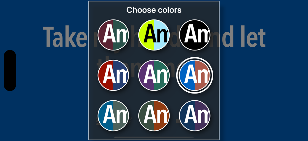 Hymns - A popup menu showing various high contrast color combinations for hymn lyrics display.