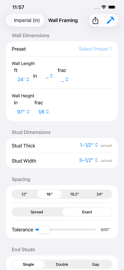 Stud Framing Layout Calculator - Input screen for wall dimensions and stud spacing configuration
