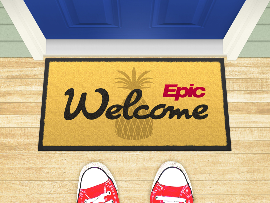 Epic Welcome - An illustrated welcome mat with the Epic Welcome logo and a pineapple icon in front of a clinic door