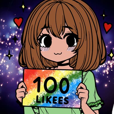 anima girl holding a 100 likes sign in her hand
