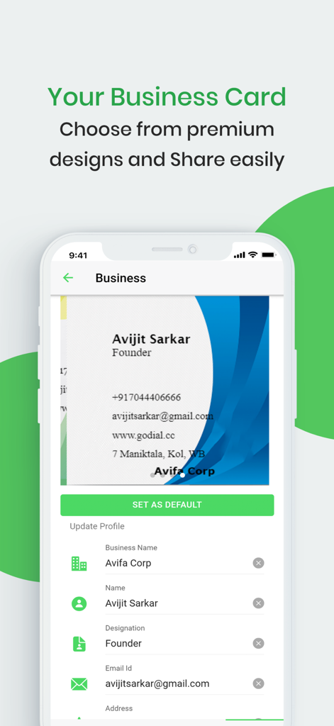 GoDial - Auto Call Dialer CRM - Digital business card creation and sharing feature in the GoDial CRM app