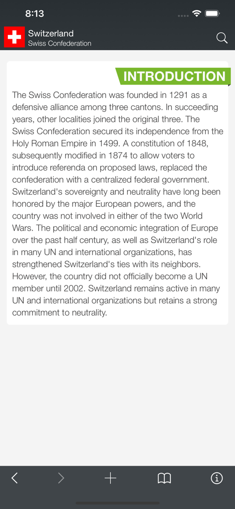 World Factbook & Atlas - A screenshot of the World Factbook and Atlas app showing the introduction and historical background of Switzerland