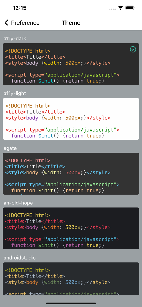 Code-Viewer - A list of syntax highlighting themes in the Code-Viewer mobile app including dark and light options.