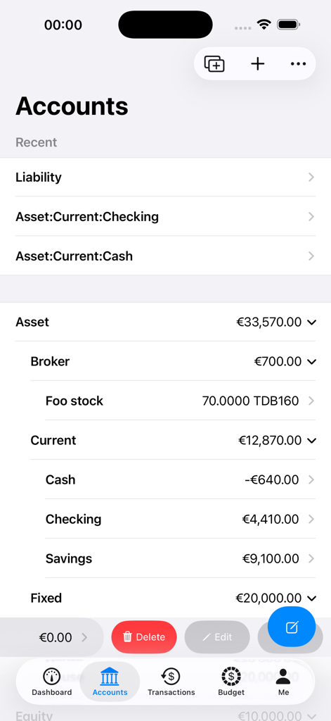 MyLedger: GnuCash Companion - Página de resumen de cuentas en MyLedger que muestra activos y saldos bancarios en formato de doble entrada