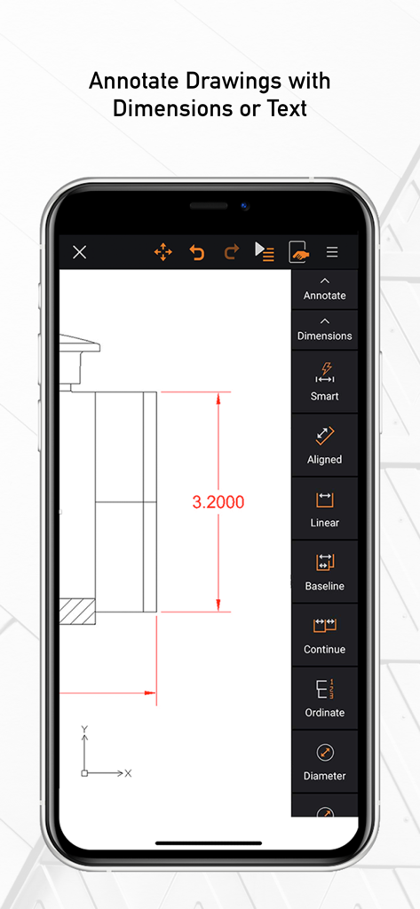ARES Touch: DWG Viewer & CAD - Interfaz móvil de la aplicación CAD ARES Touch mostrando alta precisión en herramientas de acotación y anotación en un dibujo técnico.