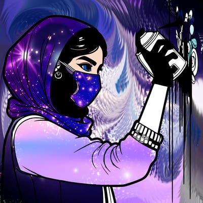 realistic girl with mask spray painting a wall