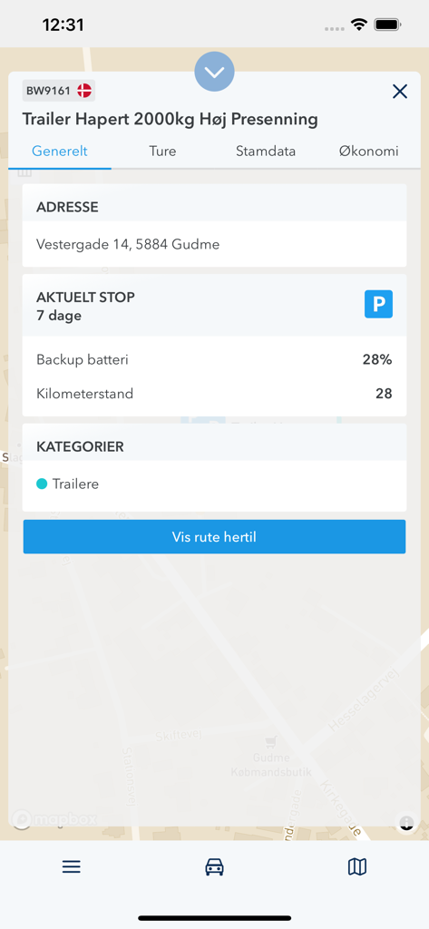 Mobile screen of Keatech Live app showing trailer location address and battery status