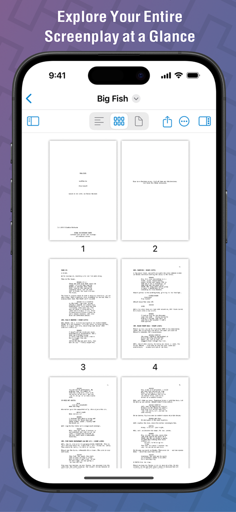 iPhone displaying Highland Pro screenwriting app in overview mode showing multiple pages of a script.