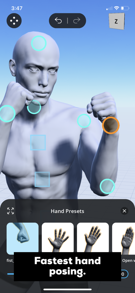 Magic Poser - Art Pose Tool - Hand posing presets for a 3D character model in the Magic Poser app interface