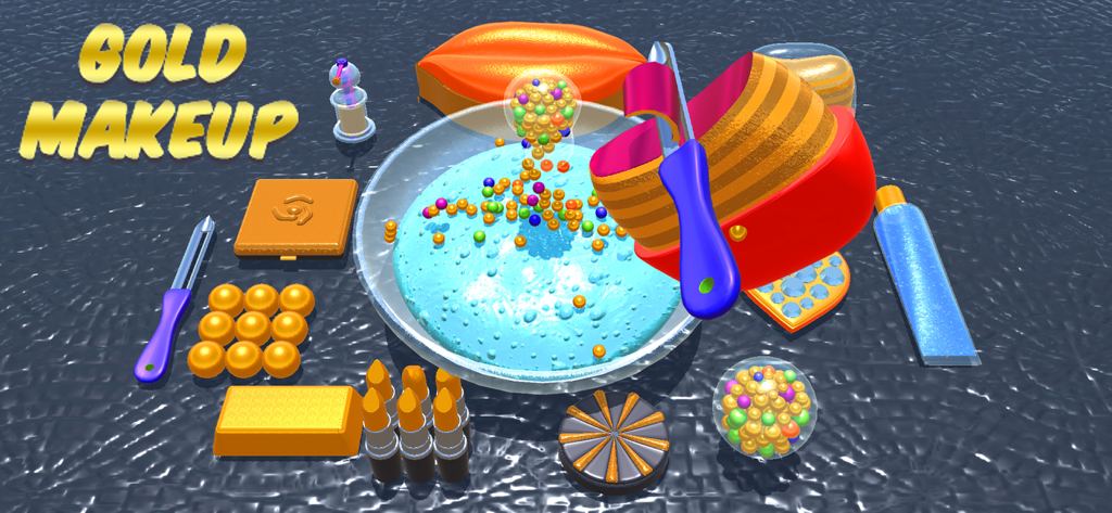 Makeup Slime Game! Relaxation - Un cuenco de slime azul rodeado de varios artículos de maquillaje dorados como labiales y paletas