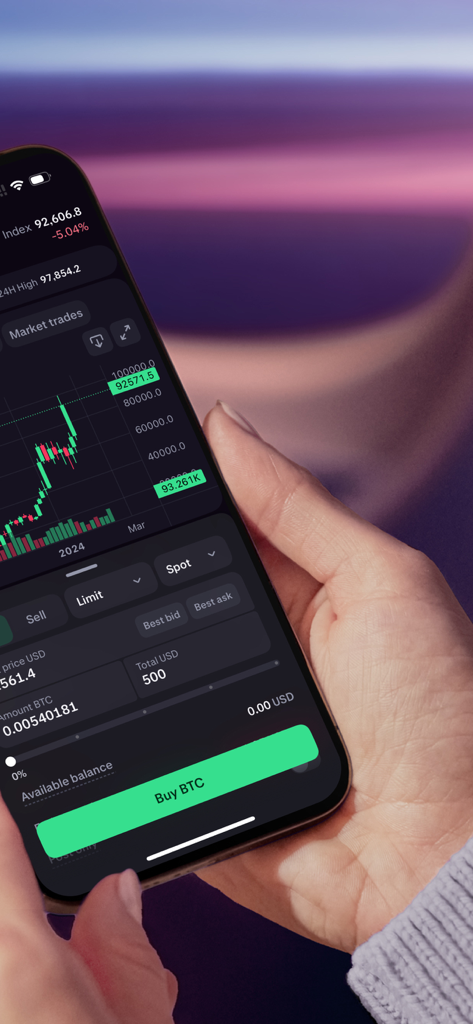 Kraken Pro: Advanced Trading - Interface de trading crypto avancée de Kraken Pro sur l'écran d'un smartphone montrant des graphiques et des outils de trading Bitcoin