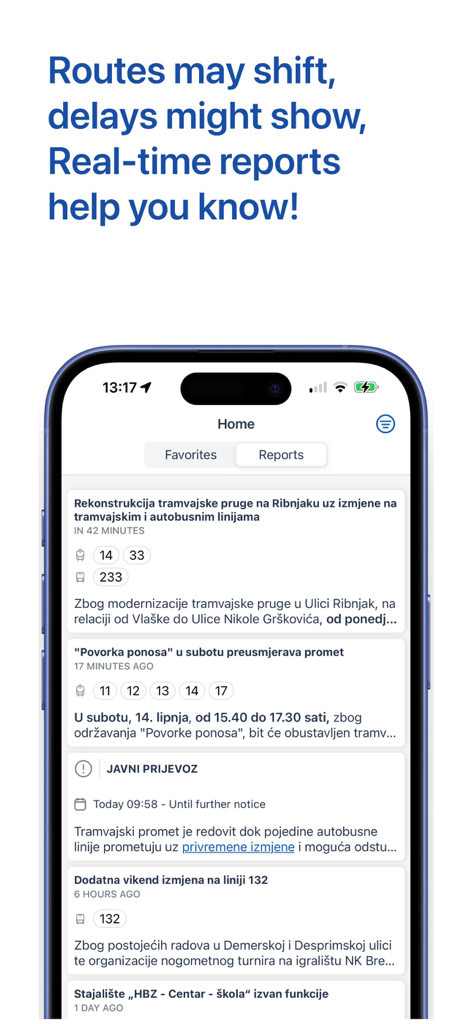 ZET info App-Oberfläche mit Echtzeit-Verkehrsmeldungen und Verspätungswarnungen für Zagreb
