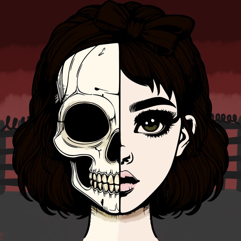 realistic girl with half skull mask