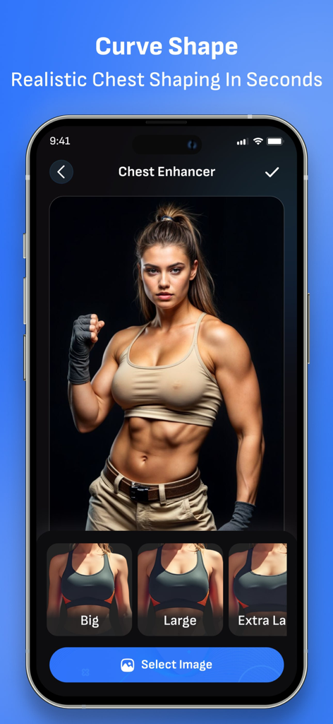 AI Body Shape Video Editor - Mobile app interface showing a chest enhancer tool with realistic shaping options for a muscular female model