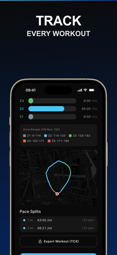 Chest Strap HR Monitor - Workout summary screen in Strap Zone app displaying heart rate zones map and pace splits