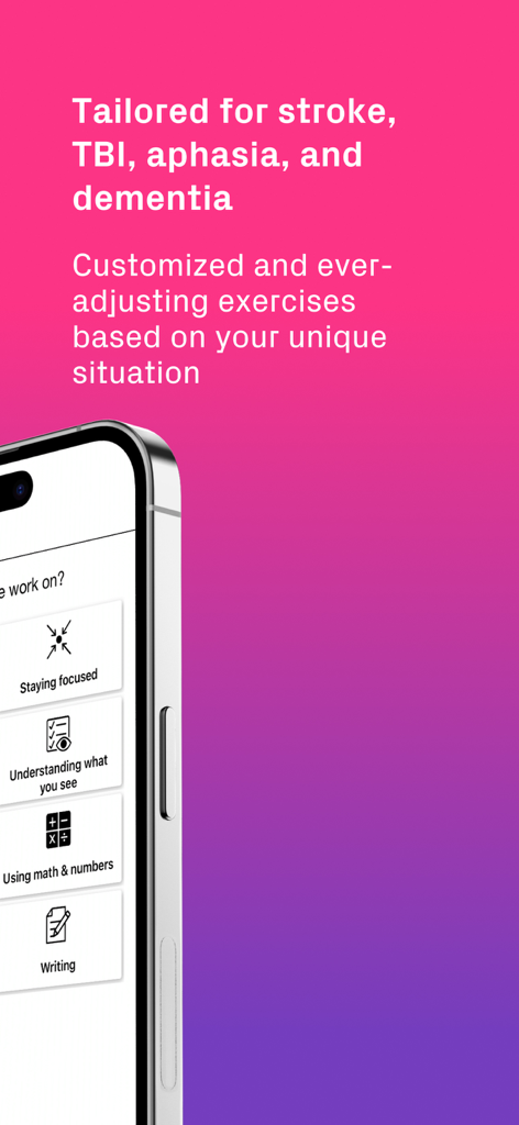 Mobile app screen showing tailored cognitive and speech therapy exercises for stroke and dementia recovery