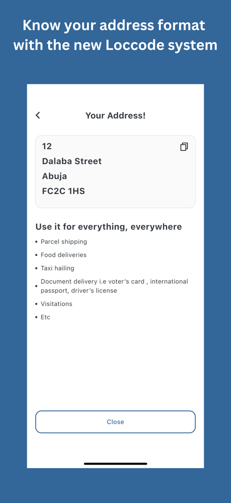 Maiaddy: Get Your Loccode - App interface displaying a standardized address and loccode in Abuja Nigeria