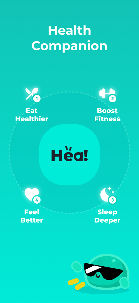 Hea! - Health Companion - Hea Health Companion app interface displaying the four pillars of health: eat healthier, boost fitness, sleep deeper, and feel better.
