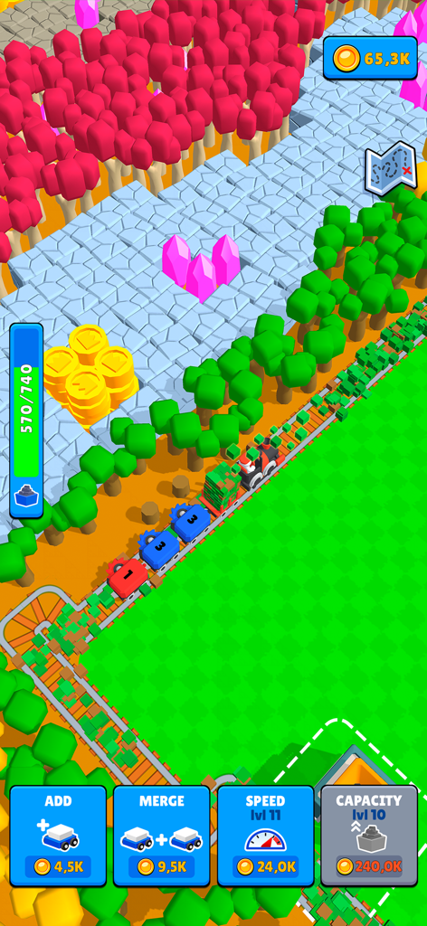 Um comboio a limpar árvores nos trilhos no Train Miner Idle Railway Game com opções de atualização