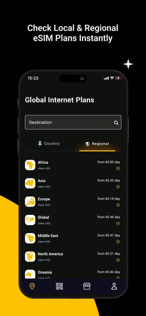 Golden eSIM - Global Internet - Captura de pantalla de la aplicación Golden eSIM que muestra planes de datos regionales para África, Asia, Europa y América del Norte con tarifas diarias
