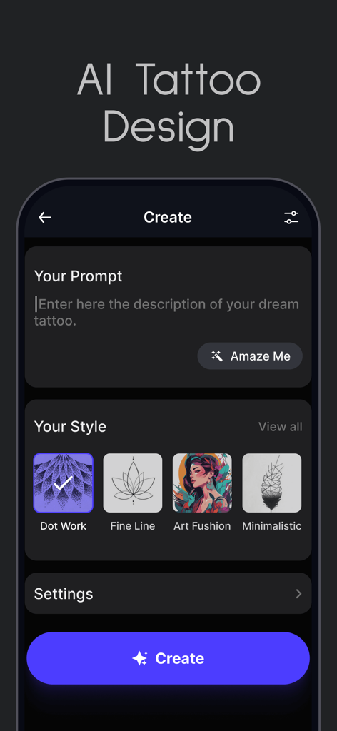 InkHunter app interface showing AI tattoo design generation with prompt input and style selection like dot work and fine line.