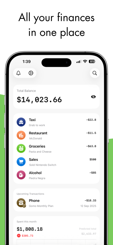 Dimewise: Track & Budget - Dimewise mobile app dashboard showing total balance and recent financial transactions