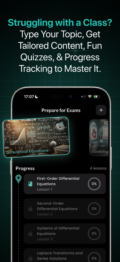 Genio AI: College Smart Tutor - Interface móvel do Genio AI mostrando um rastreador de progresso de lição para um curso de preparação para exame de Equações Diferenciais.
