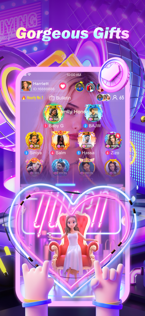 카라완 그룹 보이스 채팅의 스크린샷으로, 가상 선물과 장식 프레임이 있는 사용자 프로필 순위를 보여줍니다.