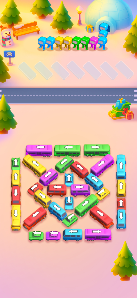 Bus Fever - Car Parking Jam - Winter themed level of Bus Fever showing color coded buses and cars in a parking jam puzzle