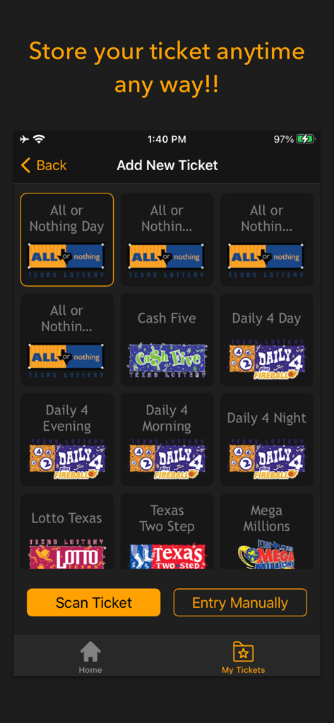 Interface of a lottery app showing options to add new tickets for various Texas lottery games with scan and manual entry buttons.