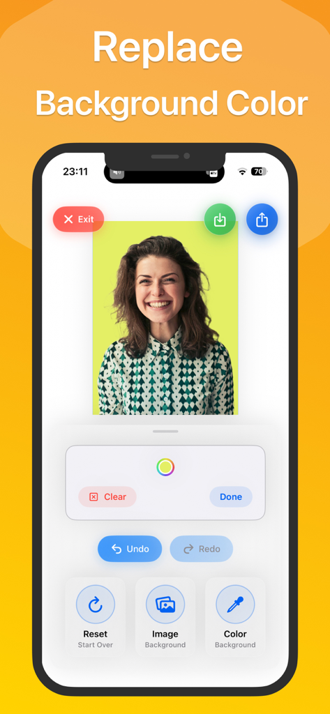 Remove Background Easy with AI - Smartphone app interface showing a portrait with a replaced green background and color selection tools