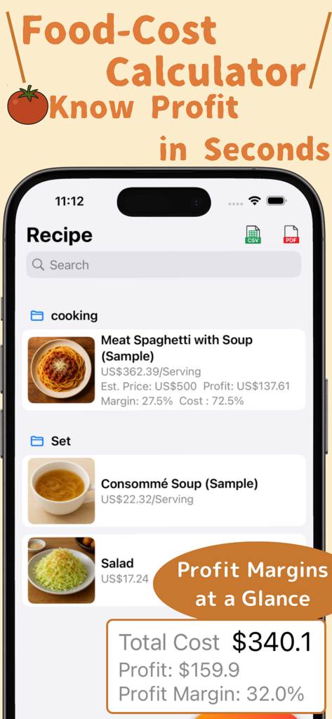 Food Cost Calculator – Recipe - Interface of the Food Cost Calculator app displaying a recipe list with profit margins and cost breakdowns for various dishes.