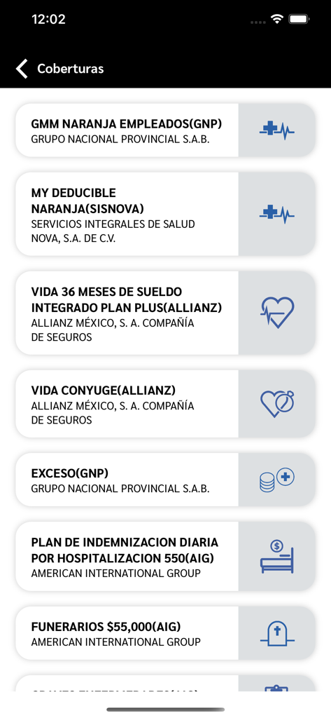 Mobile app screen displaying a list of insurance policies and coverages including medical life and hospitalization plans