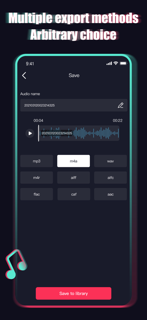 Audio Editor Ringtone Maker - Interface do Audio Editor Ringtone Maker mostrando vários formatos de exportação de áudio, incluindo mp3 m4a e m4r