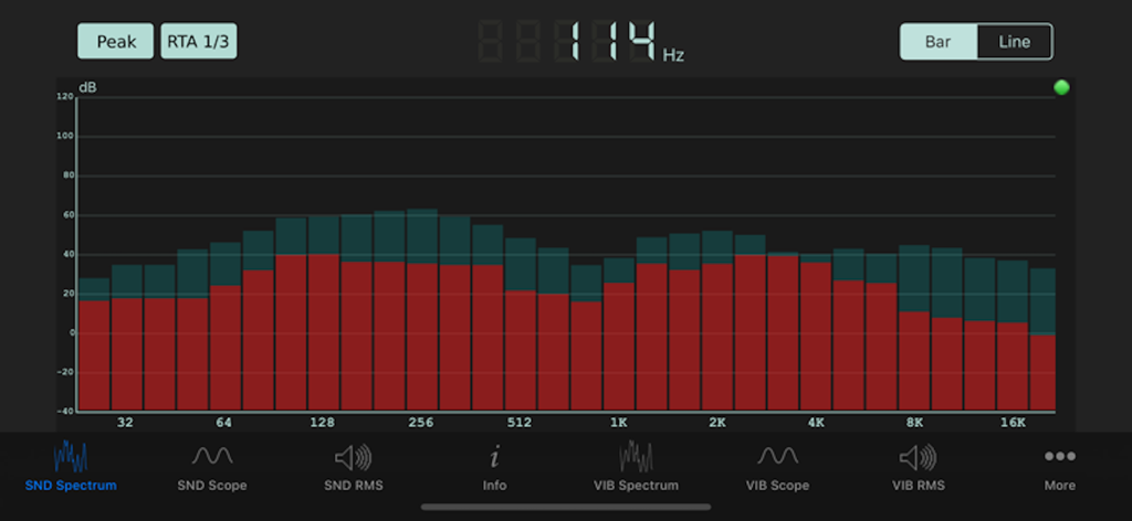 Sonic Tools SVM - Interface de espectro sonoro do aplicativo Sonic Tools SVM exibindo um gráfico de barras do analisador em tempo real
