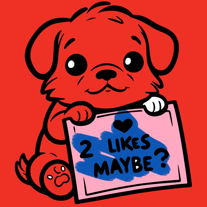 a puppy holding a sign that says 2 likes maybe?
