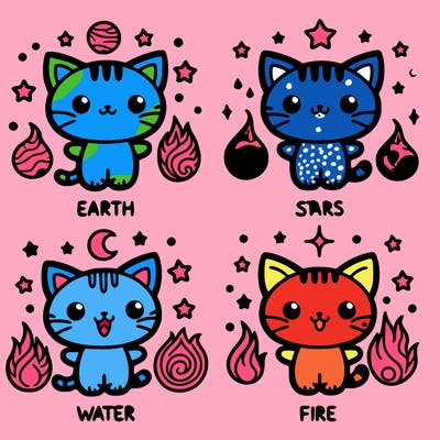 4 cute cats with 4 eloments earth, stars, water,fire
