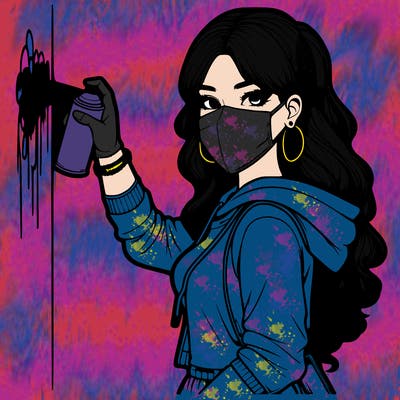 realistic girl with mask spray painting a wall