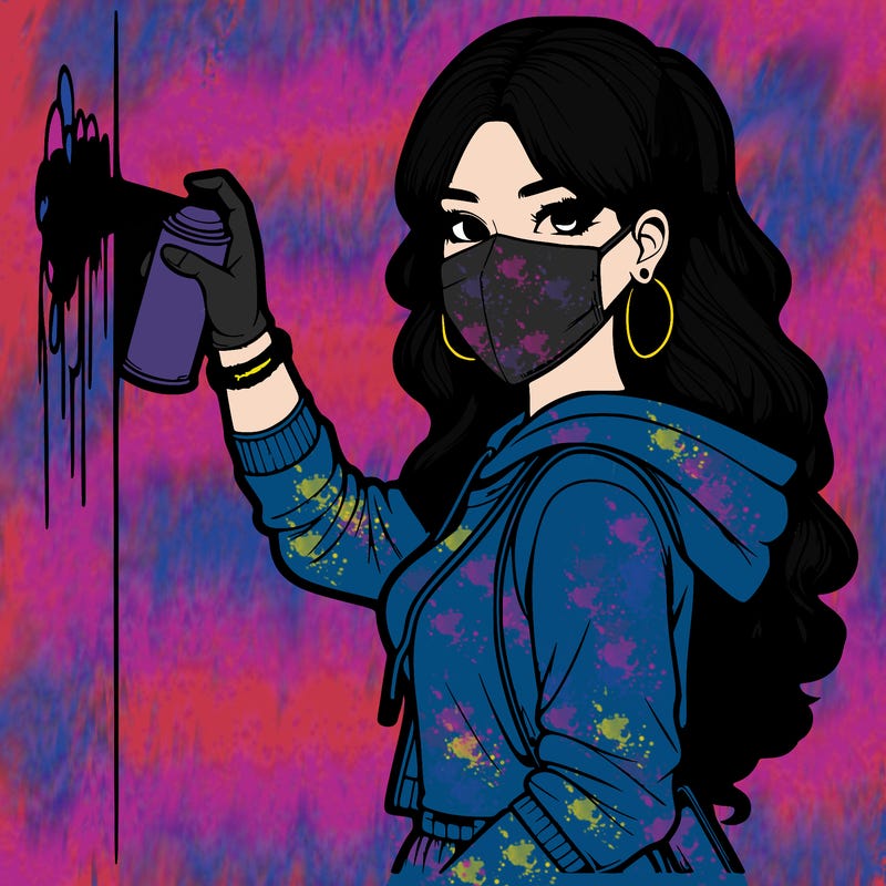 realistic girl with mask spray painting a wall