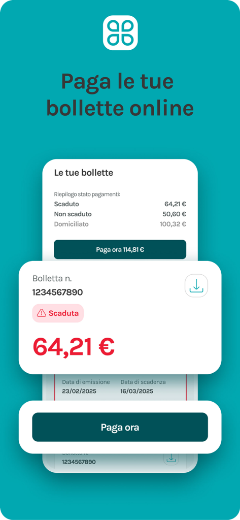 Interfaz de la aplicación MyAcea Energia que muestra el estado de pago de facturas digitales y una factura de energía vencida en Euros